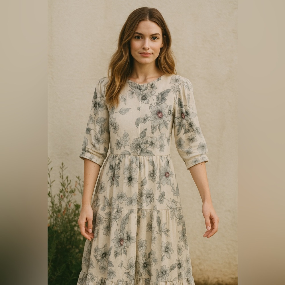 BLANC NOIR Linen Blend Floral Print Dress Cream XS